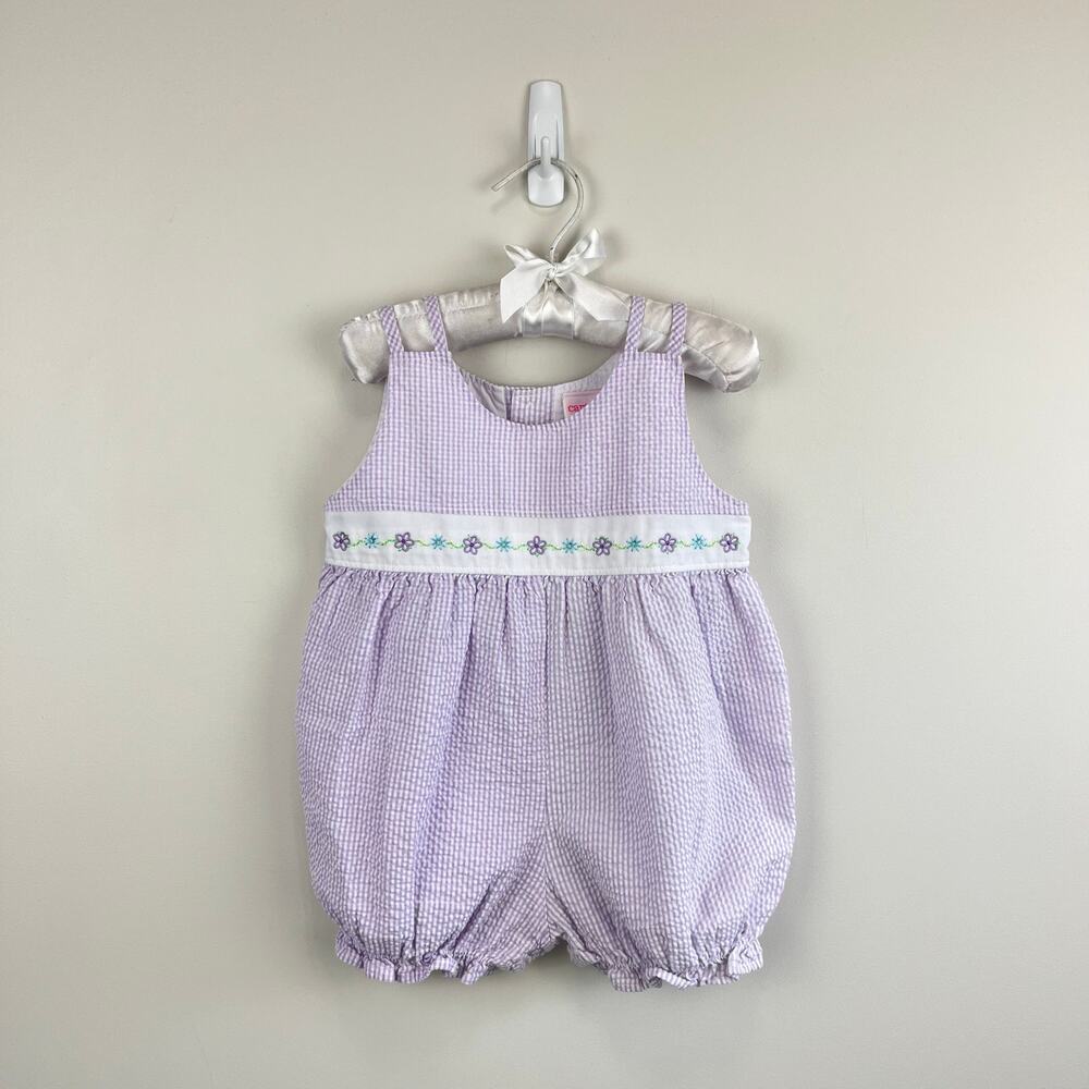 Vintage Y2K Carter's Purple Seersucker Stripe Flower Romper 18 Months